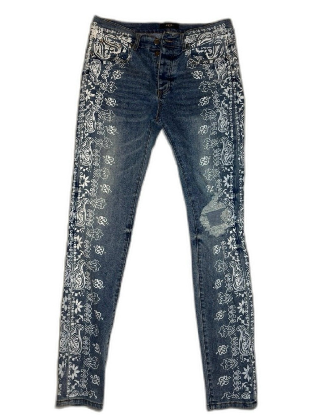 AMIRI Blue Paisley-Panel Skinny Jeans
